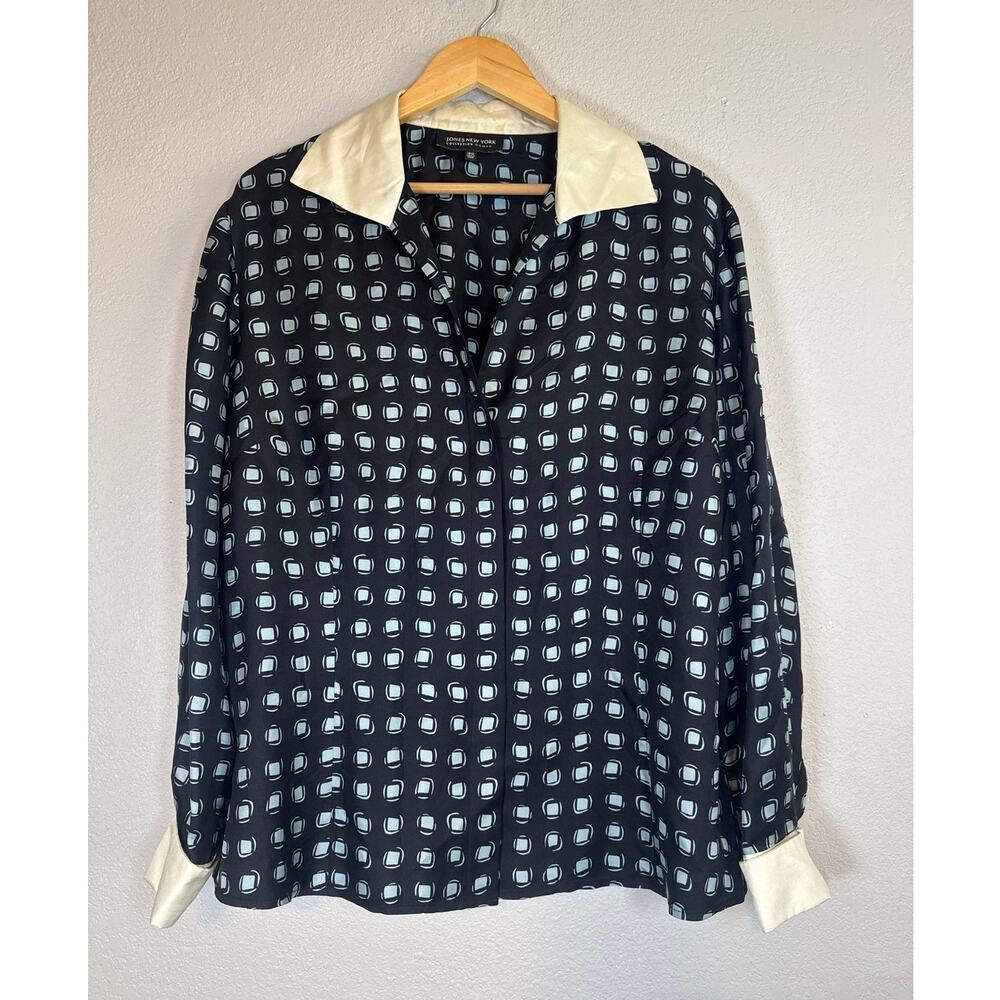 Vintage 100% Silk Long Sleeve Blouse Womens 18W French Cuffs Geometric Print
